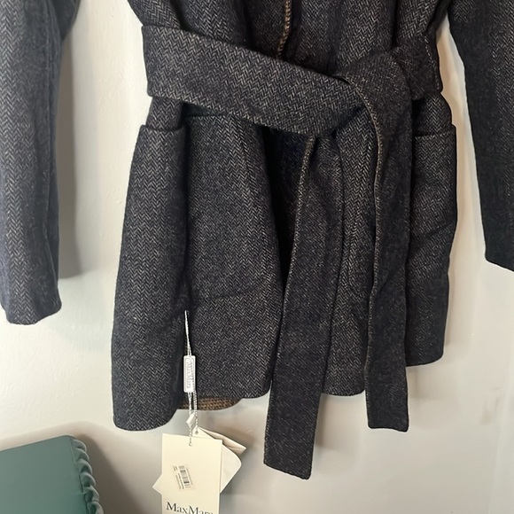 Max Mara Cucito A Mano NWT Midnight Blue Brown Chevron Galles Robe Jacket Sz 12 - Picture 3 of 16